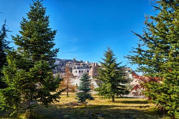 View on Cappadocia rock houses, caves and ruins in Goreme in Anatolia, Turkey. Ruins of an ancient...