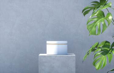 Natural cosmetic blank cream bottle container with tropical palm leaves background. 3d render.