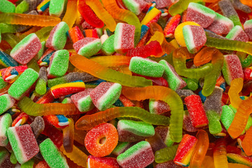 Assorted gummy candies. Top view. Jelly  sweets background.