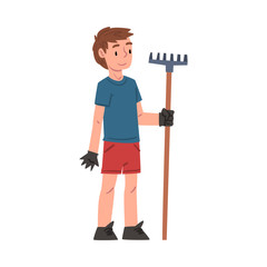 Cheerful Boy in Gloves Holding Rake Cartoon Style Vector Illustration on White Background