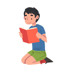 Boy Reading Book Sitting on the Floor on his Knees Cartoon Style Vector Illustration on White Background