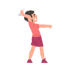 Boy Playing Paper Toy Airplane Cartoon Style Vector Illustration on White Background