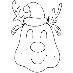 cute christmas deer head wearing santa claus hat, cute winter doodle coloring book, doodle style vector element