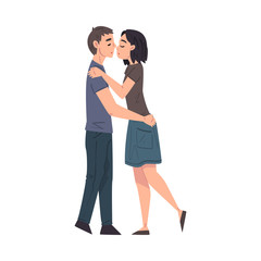 Happy Young Man and Woman in Love Hugging and Kissing, Romantic Loving Couple Cartoon Style Vector Illustration