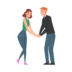 Happy Young Man and Woman in Love Holding Hands, Romantic Loving Couple Cartoon Style Vector Illustration