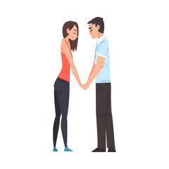 Fototapeta premium Happy Young Man and Woman Looking at Each Other Holding Hands, Romantic Loving Couple Cartoon Style Vector Illustration