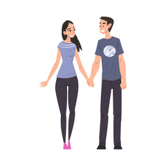 Fototapeta premium Happy Smiling Young Man and Woman Walking Holding Hands, Romantic Couple in Love Cartoon Style Vector Illustration
