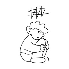 Little boy sit on the floor feeling anxiety and depression. Mental health concept. Outline illustration on white background.