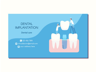 Vector dental implant dentistry business card design. Two implantologists place a dental implant: a crown is put on the abutment. Next to healthy teeth. Blue and white colors, flat style clip art.