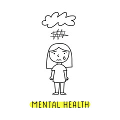 Girl standing alone feeling anxiety and depression. Mental health concept. Outline illustration on white background.