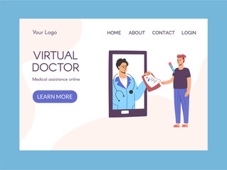 Virtual doctor website template. Get sick leave online using your smartphone, web page. Mobile consultation, competent medical assistance. Modern Telemedicine, Cartoon Character, Vector. Vector
