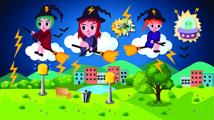 Fototapeta premium Magic Land With Witch Flying At Night Illustration 