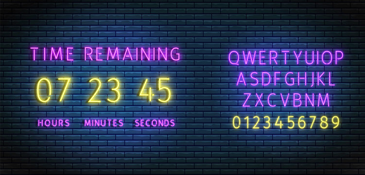Neon clock counter. Countdown timer wiht font. Vector. Time remaining board. Illuminated digital count down. Glowing days, hours and minutes on brick wall. Scoreboard on display. Shiny illustration.