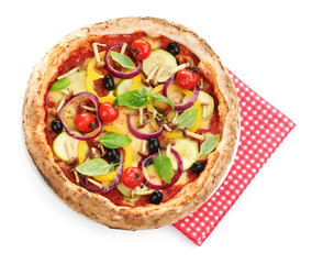 Delicious hot vegetable pizza on white background, top view