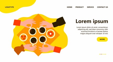 Four hands holding ceramic mugs of coffee flat vector illustration. People drinking morning tea together. Top view of table. Refreshment and warm drink concept