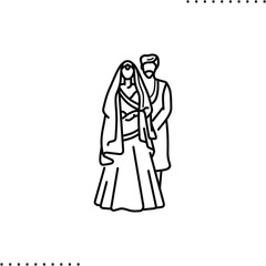 bridal wear, Indian bride and groom, heritage menswear and wedding dress vector icon in outline