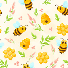 Cute honey bee with leaves and flowers, drawing a pattern for backgrounds, fabrics, paper, cards