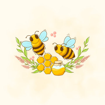 Honey bee, print with bees honey grass and flowers for fabric, dishes, T-shirts, paper