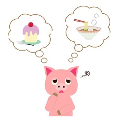 食べたいのを我慢するブタさん