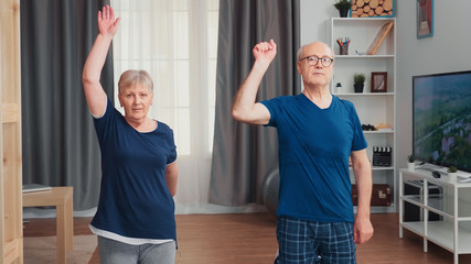 Happy senior couple exercising together on yoga mat. Old person healthy and active lifestyle exercise and workout at home, elderly training and fitness