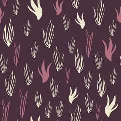 Dark seamless pattern with outline white and pink contoured seaweeds. Maroon background. Underwater print.