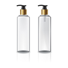 white and clear square cosmetic bottle with gold pump head for beauty or healthy product.