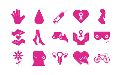 bundle of fifteen breast cancer set icons