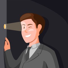 Businessman stalking from Door hole. stalker symbol concept in cartoon illustration vector 