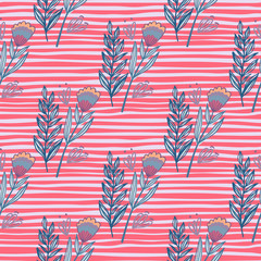 Bright seamless summer pattern with forest ornament. Floral bouquet in blue color on red stripped background.
