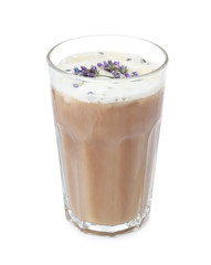 Delicious coffee with lavender isolated on white