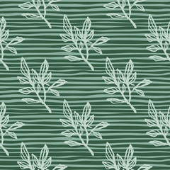 Branches outline silhouettes seamless pattern. White contoured elements on green stripped background.