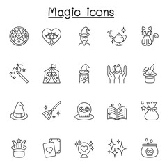 Fototapeta premium Set of Magic Related Vector Line Icons. Contains such Icons as clairvoyance, magician, witch, Wand, Spell Book, Effect and more