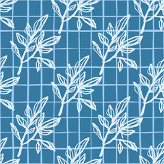Stylized seamless doodle pattern with outline white branches silhouettes. Bright blue background with check.