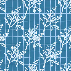 Stylized seamless doodle pattern with outline white branches silhouettes. Bright blue background with check.