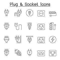 Set of Plug Related Vector Line Icons. Contains such Icons as Socket, outlet, Charge, outlet, wire, cable, cord, prong and more.