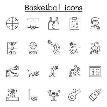 Set of basketball Related Vector Line Icons. Contains such Icons as ball, hoop, player, scoreboard, ball, trophy, basketball court and more.