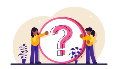 Obraz premium FAQ. Frequently Asked Questions. Technical support workers. Women stand near a large question mark. Modern flat illustration.