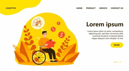Happy disabled man saving money. Person in wheelchair holding piggy bank and thinking of money flat vector illustration. Disability, finance concept for banner, website design or landing web page