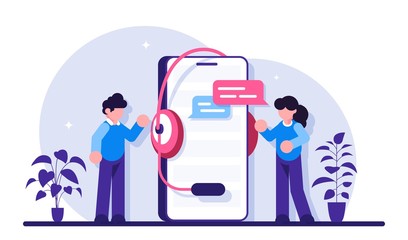 Technical support workers stand near a large phone with a headset. FAQ Frequently Asked Questions. Communicating with employees. Modern flat illustration.