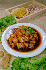 Sweet pork, traditional Thai and Chinese food, main disk, home cooking and restaurant serving in Asian foods