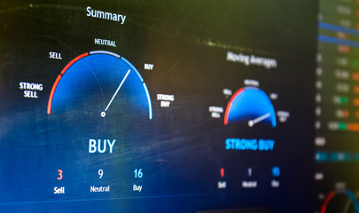 Close-up of a stock market analysis with caption on screen BUY - 372847563