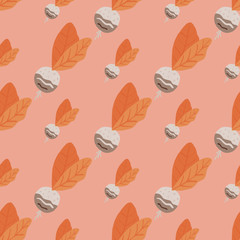 Summer seamless pattern with orange and white colored radish. Pink background. Stylized vegetable print.