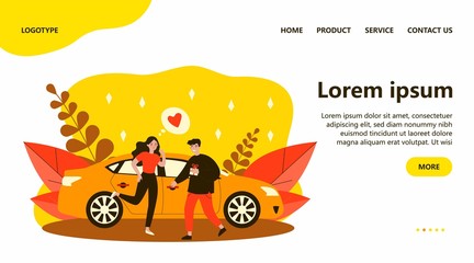 Happy couple dating meeting at car. Dating, giving gift, anniversary flat vector illustration. Romance, special date, transportation concept for banner, website design or landing web page