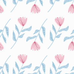 Isolated simple seamlss flower pattern. Tulip silhouettes with pink buds and blue stems on white background.