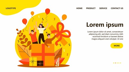 Fototapeta premium Happy friends making surprise for birthday party flat vector illustration. People jumping out of gift box. Smiling characters waving by hands. Celebration, joy and fun concept.