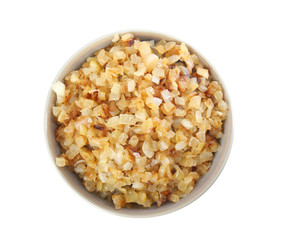 Tasty fried onion in bowl isolated on white,  top view