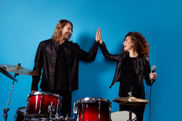 Portrait of his he her she nice attractive cool glad cheerful cheery professional duett clapping...