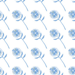 Isolated seamless floral dandelion pattern. Blue flower silhouettes on white background.