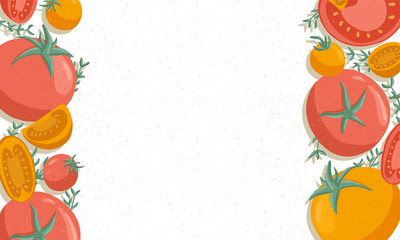 Autumn tomatoes border vector cartoon illustration. Red cherry tomatoes horizontal banner or frame.