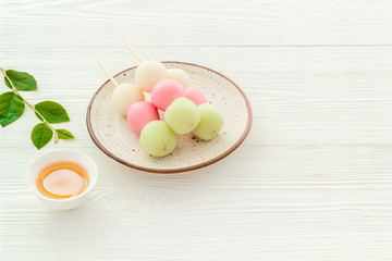 Asian cooking background - traditional sweets Dango, dumpling rice cake